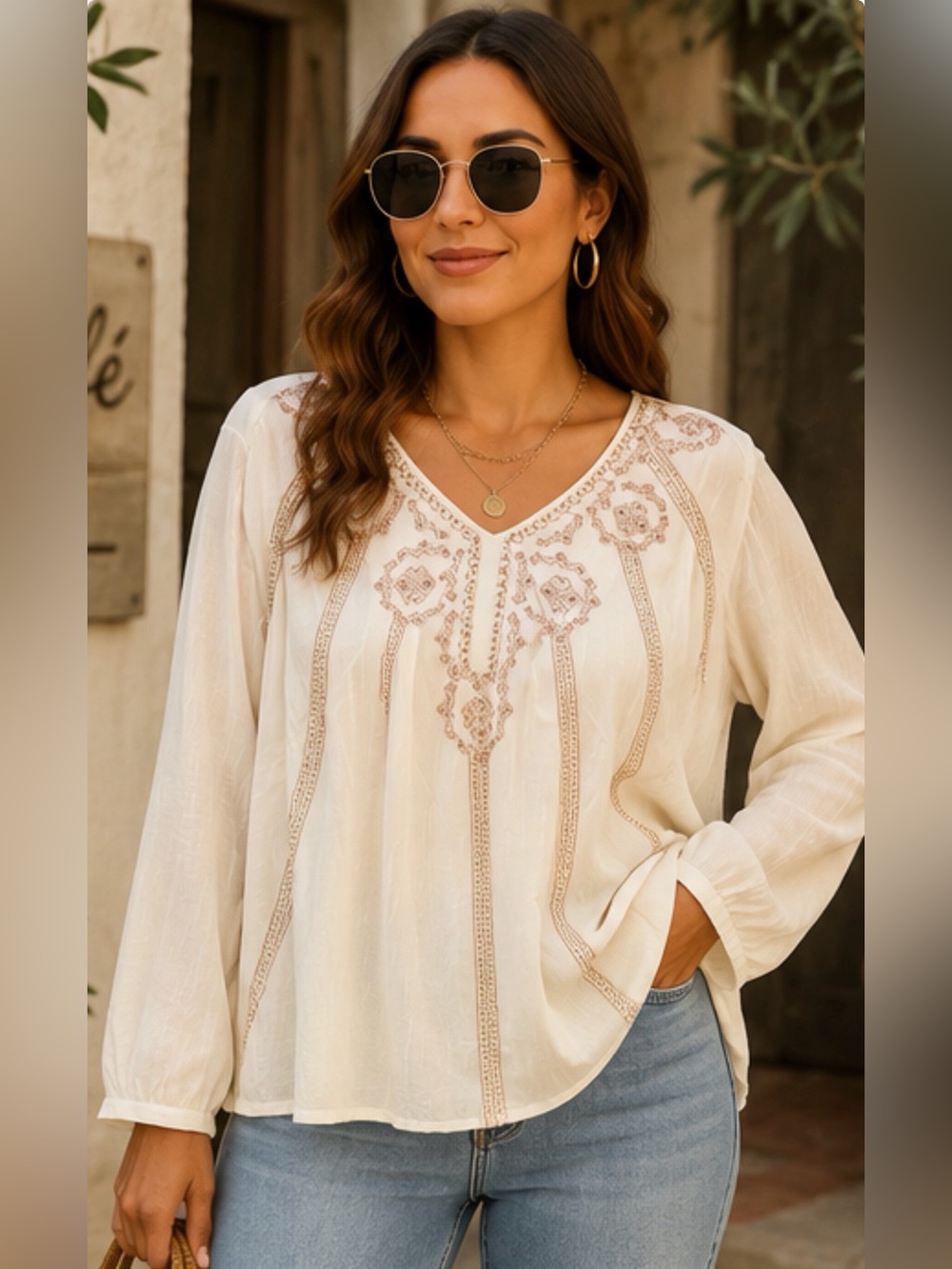 Chico’s Embroidered Beaded Boho Peasant Blouse Size 3 XL 16/18 Ivory Long Sleeve